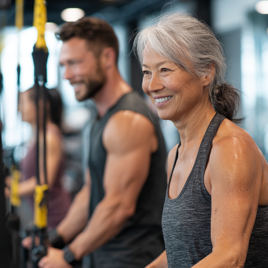 Experienced fitness instructor working with mature adults in modern training facility