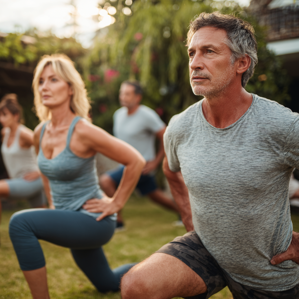 Middle-aged adults exercising with natural movement patterns in outdoor setting